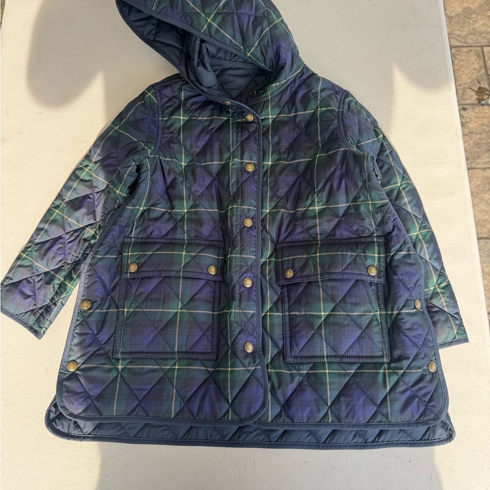 New polo Ralph Lauren girls 10 puffer Hooded Jacket Plaid blue and green no tags
